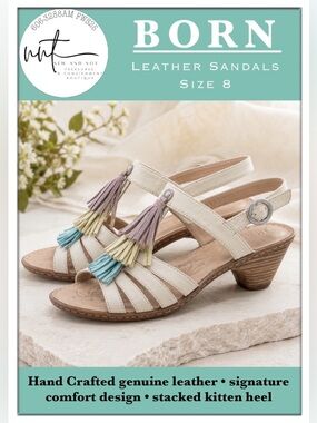 Born Leather Tassel Wedge Sandals Beige Multicolor Comfort Women’s 8 EU 39 Boho